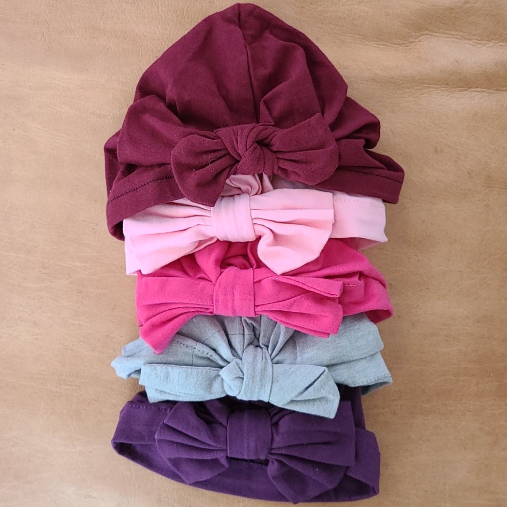 Five baby girl turban hats with bows